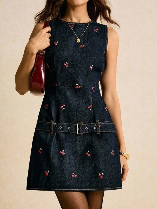 Dark Wash Casual Women's Embroidered Mini Dress with Belt - Picture 3 of 4